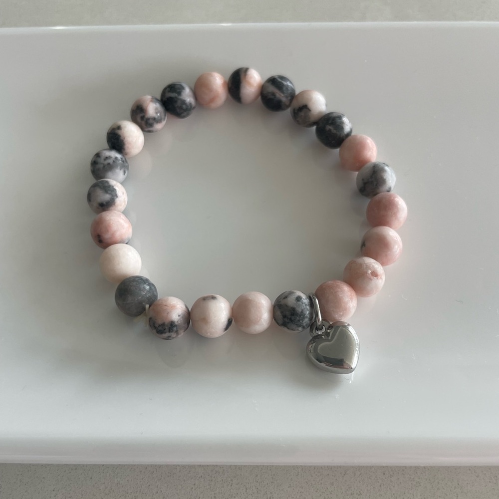 Pink and Gray Beaded Bracelet with Heart Charm
